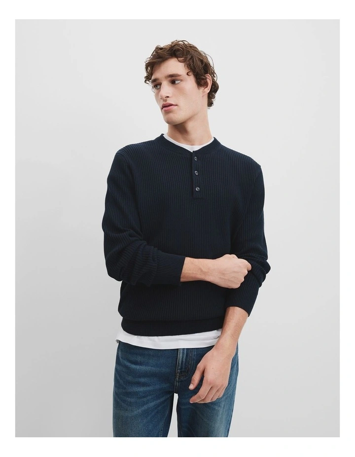 Cotton Waffle Henley in Navy image 1