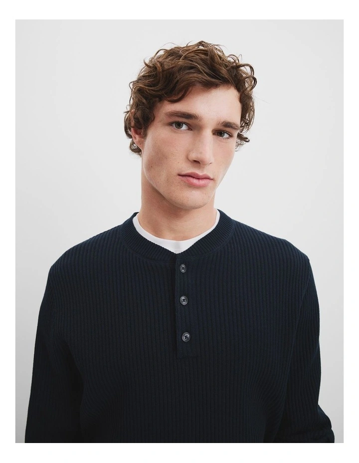 Cotton Waffle Henley in Navy image 2