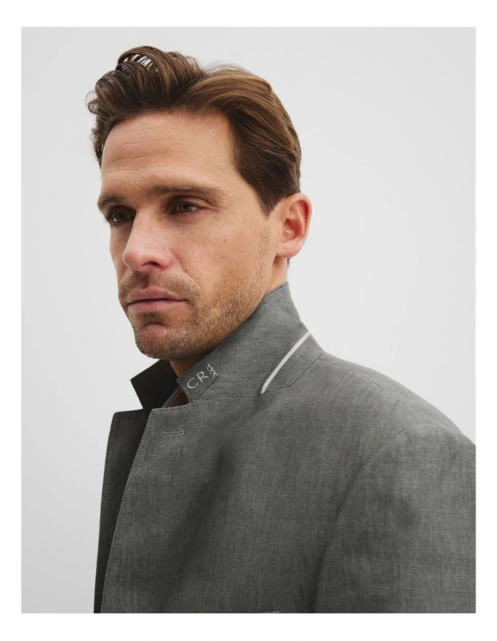 Regular Fit Linen Single Breasted Jacket in Moss Grey image 2