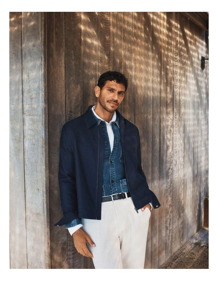 Cotton Linen Zip Through Jacket in Navy image 2