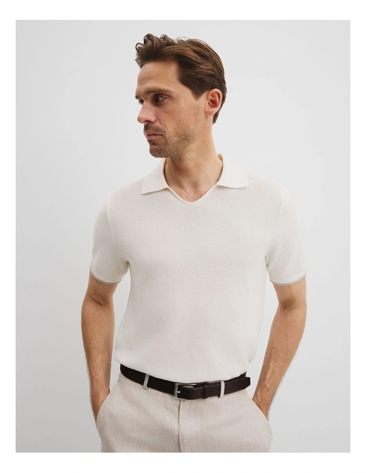 Australian Cotton Textured V-Neck Polo in White image 2