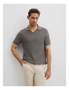 Australian Cotton Textured V-Neck Polo in Grey