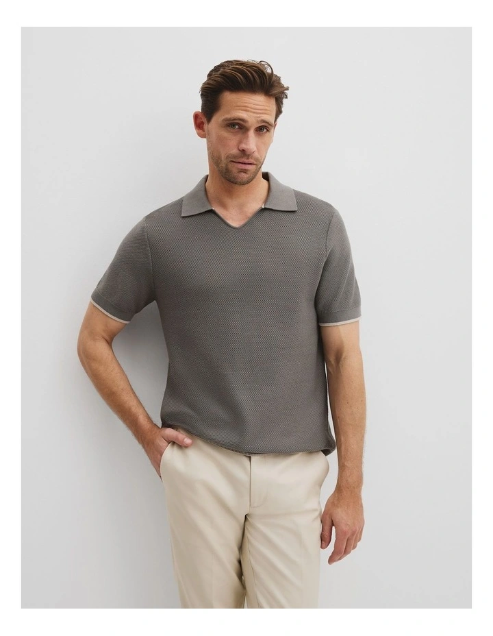 Australian Cotton Textured V-Neck Polo in Grey image 1