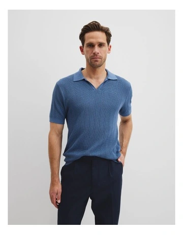 Cotton Silk Stripe Open Neck Polo in Eclipse Blue