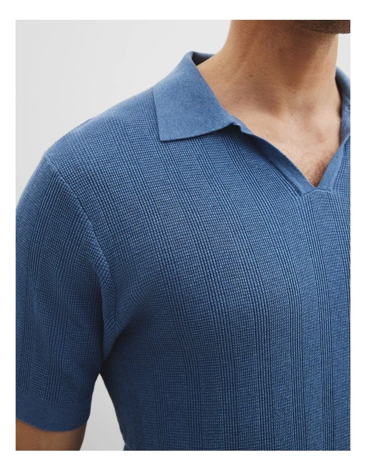 Cotton Silk Stripe Open Neck Polo in Eclipse Blue image 2