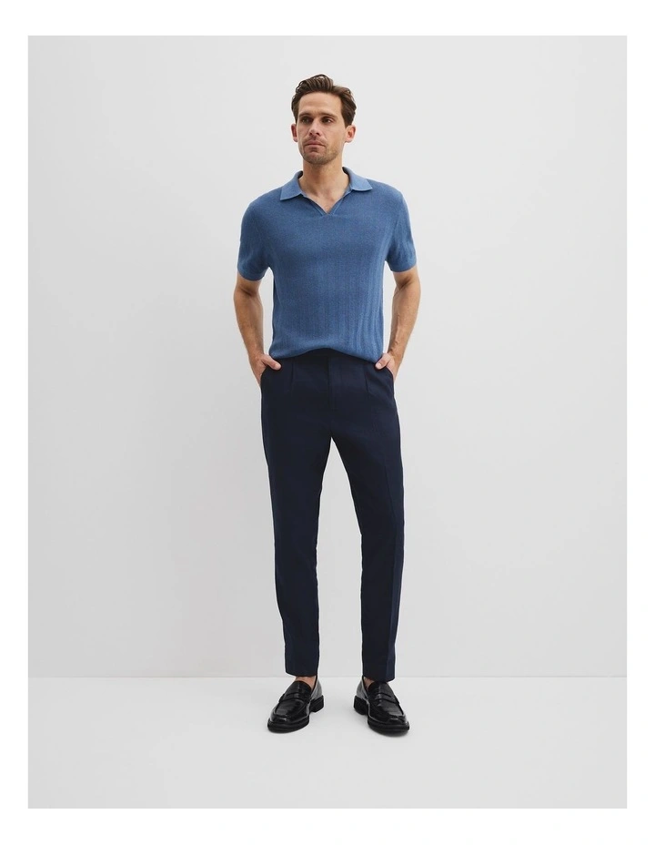 Cotton Silk Stripe Open Neck Polo in Eclipse Blue image 3