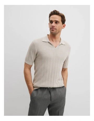Cotton Silk Stripe Open Neck Polo in Porcelain