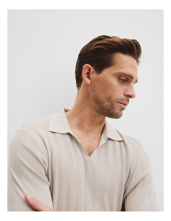 Cotton Silk Stripe Open Neck Polo in Porcelain image 2