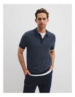 Australian Cotton Blend Silk Textured Knit Polo in Navy Multi