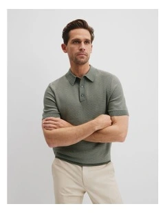 Australian Cotton Blend Silk Textured Knit Polo in Moss Grey