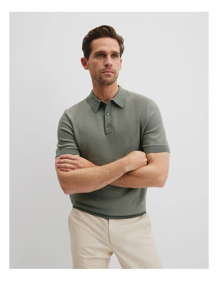 Australian Cotton Blend Silk Textured Knit Polo in Moss Grey image 1