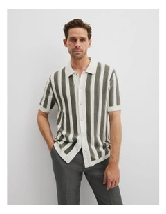 Cotton Silk Textured Stripe Knit Polo Shirt in Moss Grey