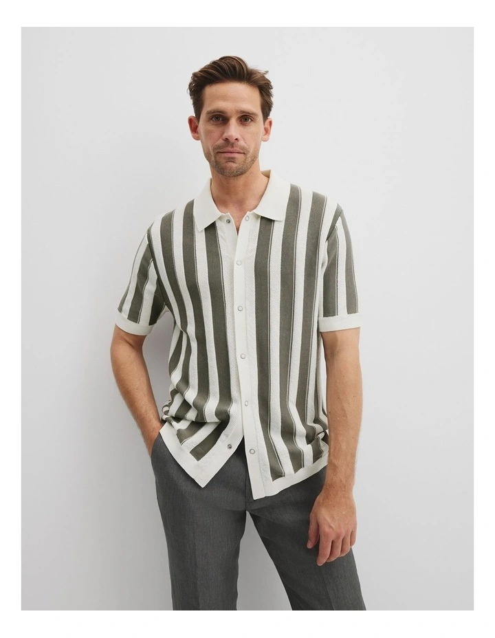 Cotton Silk Textured Stripe Knit Polo Shirt in Moss Grey image 1