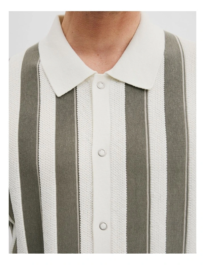 Cotton Silk Textured Stripe Knit Polo Shirt in Moss Grey image 2