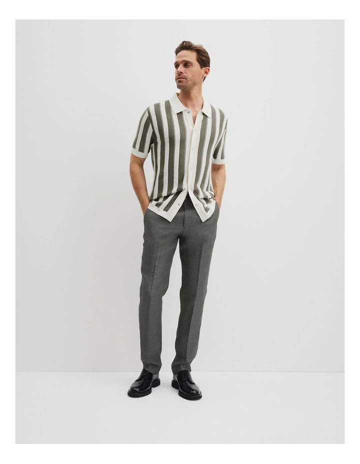 Cotton Silk Textured Stripe Knit Polo Shirt in Moss Grey image 3