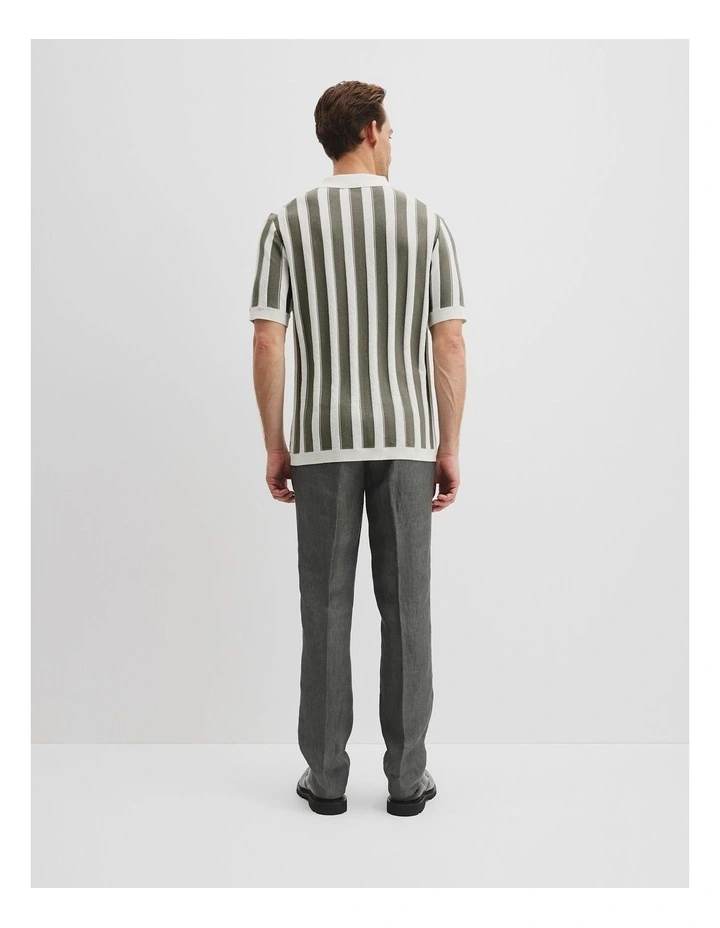 Cotton Silk Textured Stripe Knit Polo Shirt in Moss Grey image 4