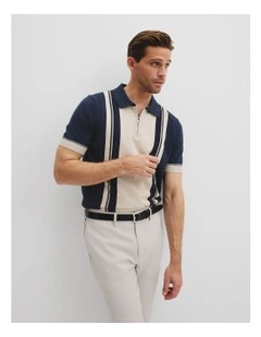 Australian Cotton Panel Zip Polo in Navy