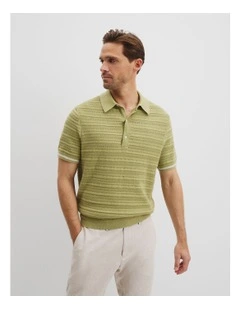 Australian Cotton Short Sleeve Textured Knit Polo in Cactus