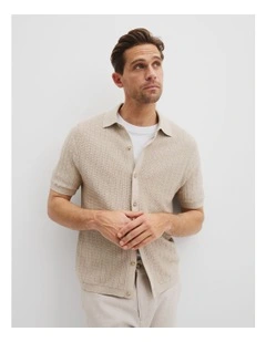 Australian Cotton Short Sleeve Textured Knit Shirt in Pebble
