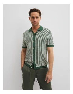 Australian Cotton Blend Short Sleeve Border Stripe Knit Shirt in Field Green