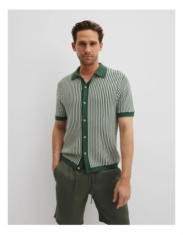 Australian Cotton Blend Short Sleeve Border Stripe Knit Shirt in Field Green