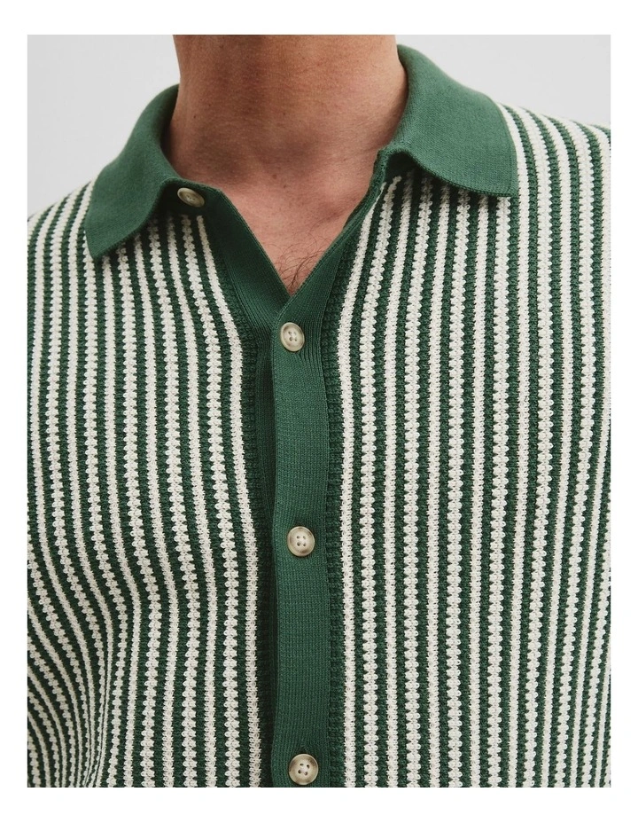 Australian Cotton Blend Short Sleeve Border Stripe Knit Shirt in Field Green image 2