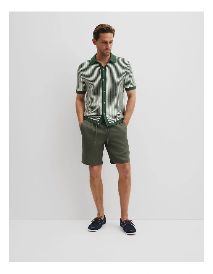 Australian Cotton Blend Short Sleeve Border Stripe Knit Shirt in Field Green image 3