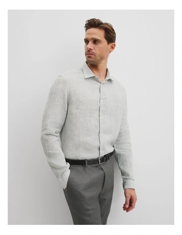 Regular Fit Organically Grown Linen Stripe Shirt in Eucalyptus