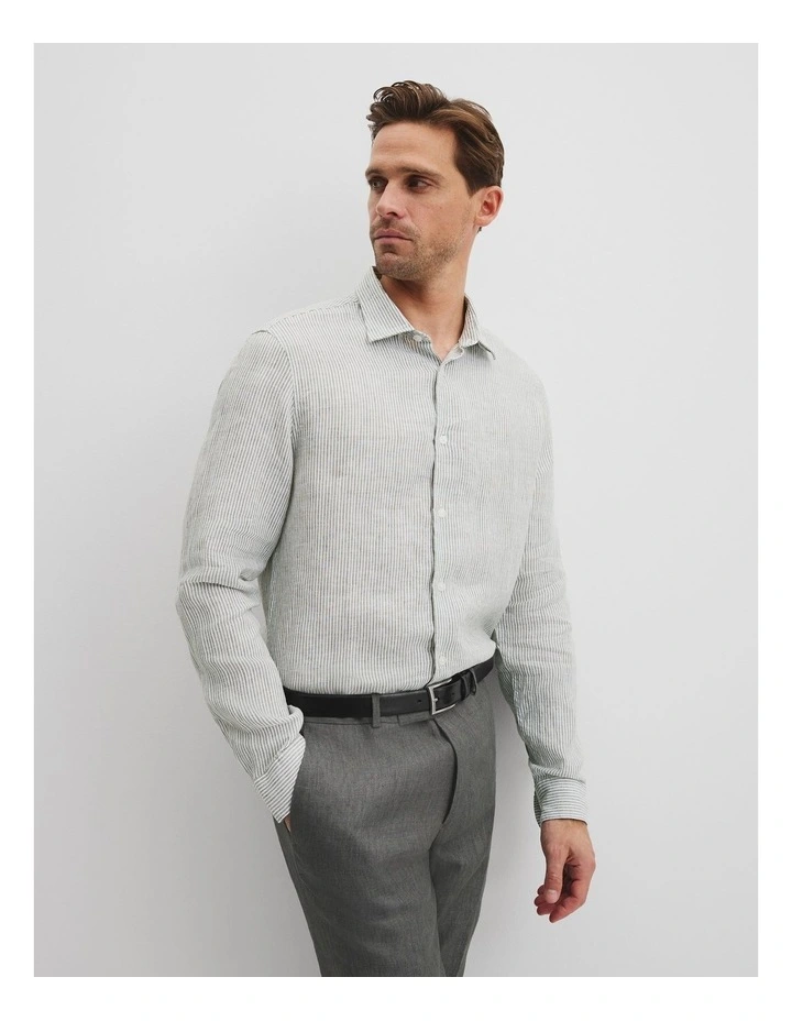 Regular Fit Organically Grown Linen Stripe Shirt in Eucalyptus image 1