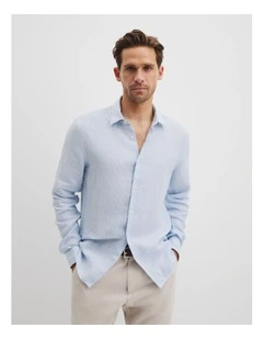 Regular Fit Organically Grown Linen Stripe Shirt in Light Blue