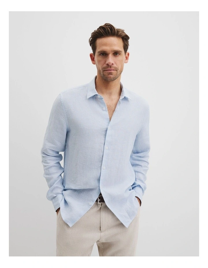 Regular Fit Organically Grown Linen Stripe Shirt in Light Blue image 1