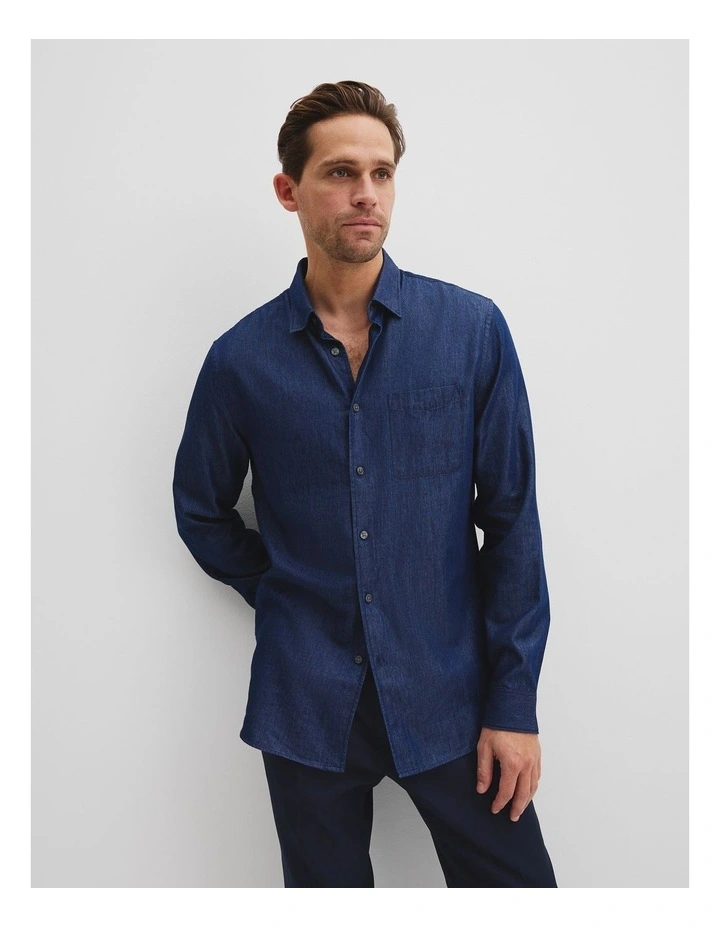 Slim Fit Cotton Tencel Chambray Shirt in Indigo image 1