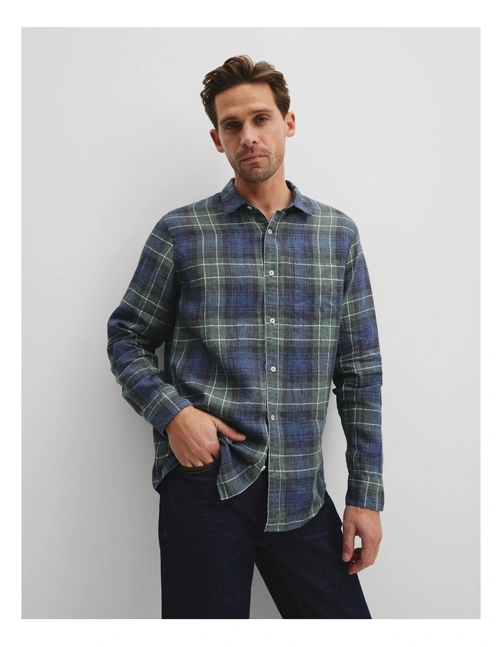 Regular Fit Organically Grown Linen Checked Shirt in Green Multi image 1