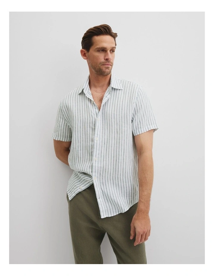Regular Fit Organically Grown Linen Short Sleeve Stripe Shirt in Field Green image 1
