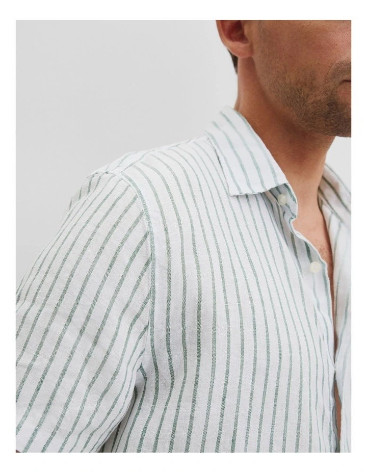 Regular Fit Organically Grown Linen Short Sleeve Stripe Shirt in Field Green image 2