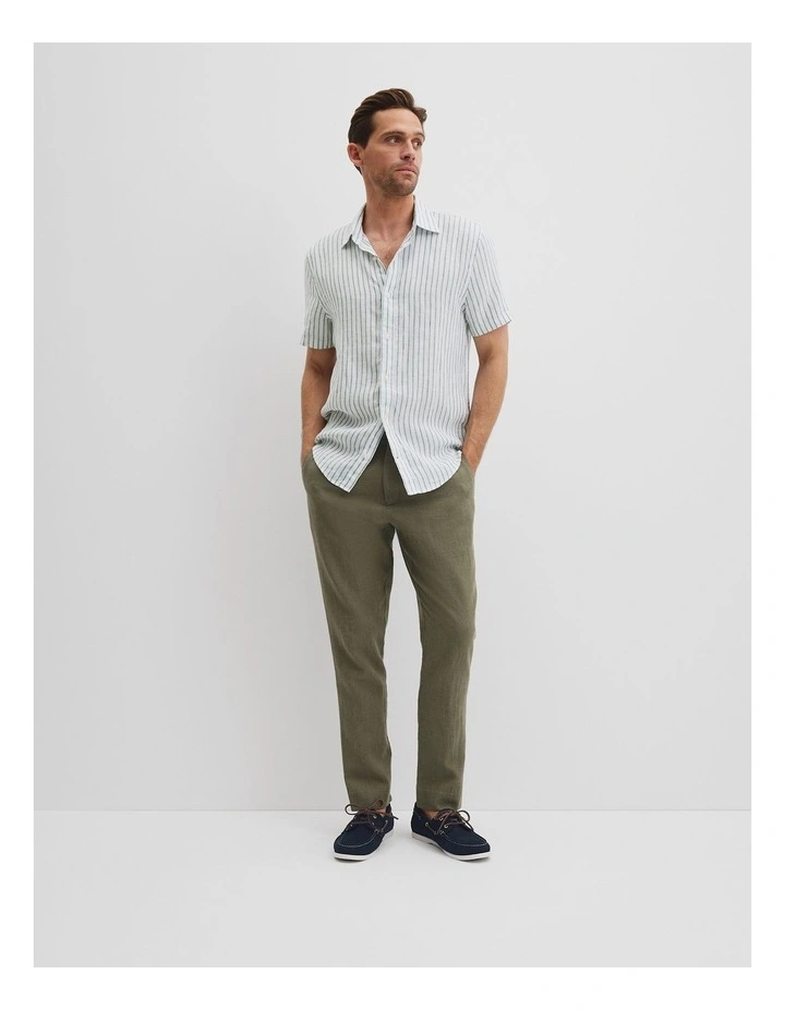 Regular Fit Organically Grown Linen Short Sleeve Stripe Shirt in Field Green image 3