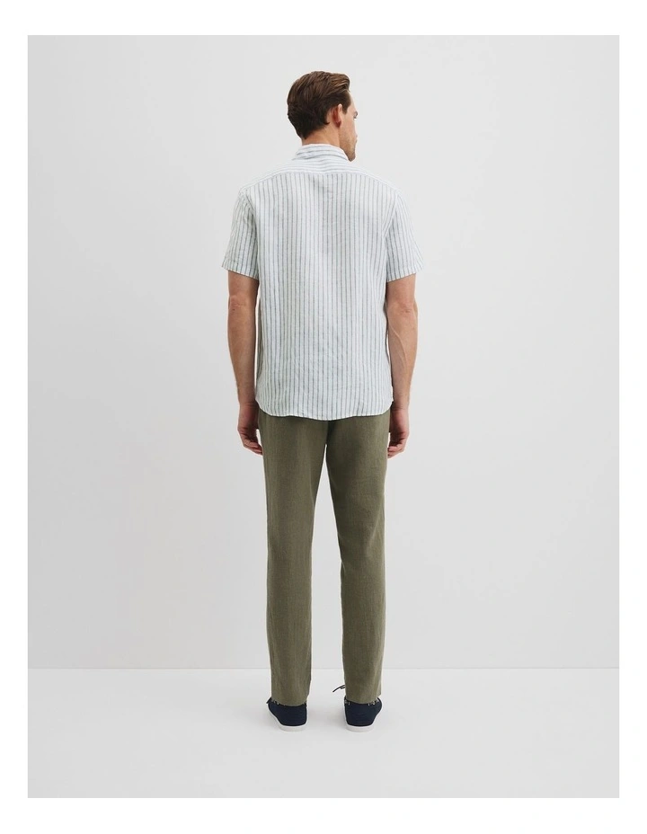 Regular Fit Organically Grown Linen Short Sleeve Stripe Shirt in Field Green image 4