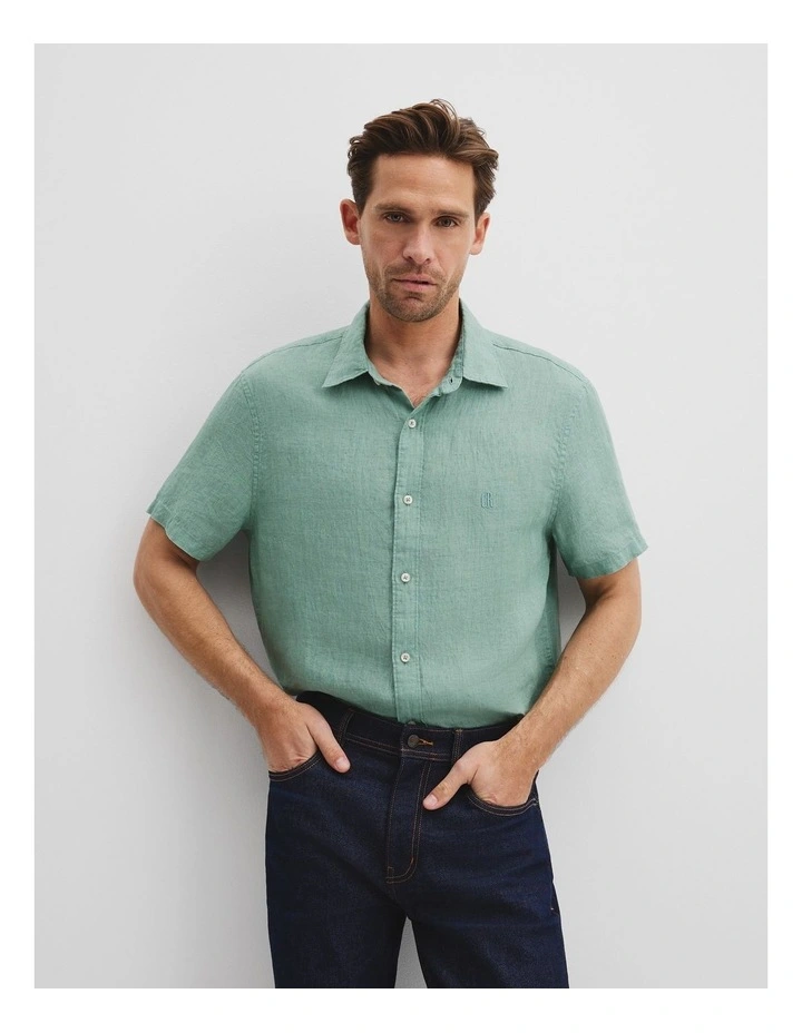 Regular Fit Organically Grown Delave Linen Short Sleeve Shirt in Aloe image 1