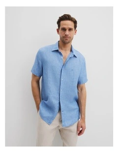 Regular Fit Organically Grown Delave Linen Short Sleeve Shirt in Sea Salt Blue