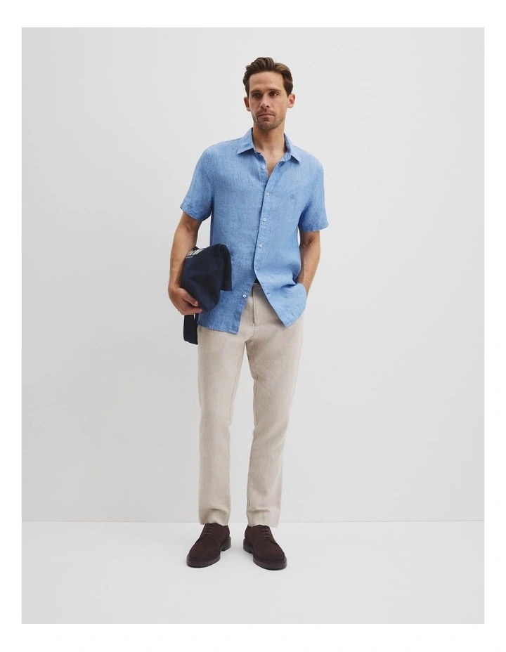 Regular Fit Organically Grown Delave Linen Short Sleeve Shirt in Sea Salt Blue image 3