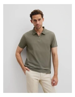 Mrc Cot Pique Zip Polo in Moss Grey