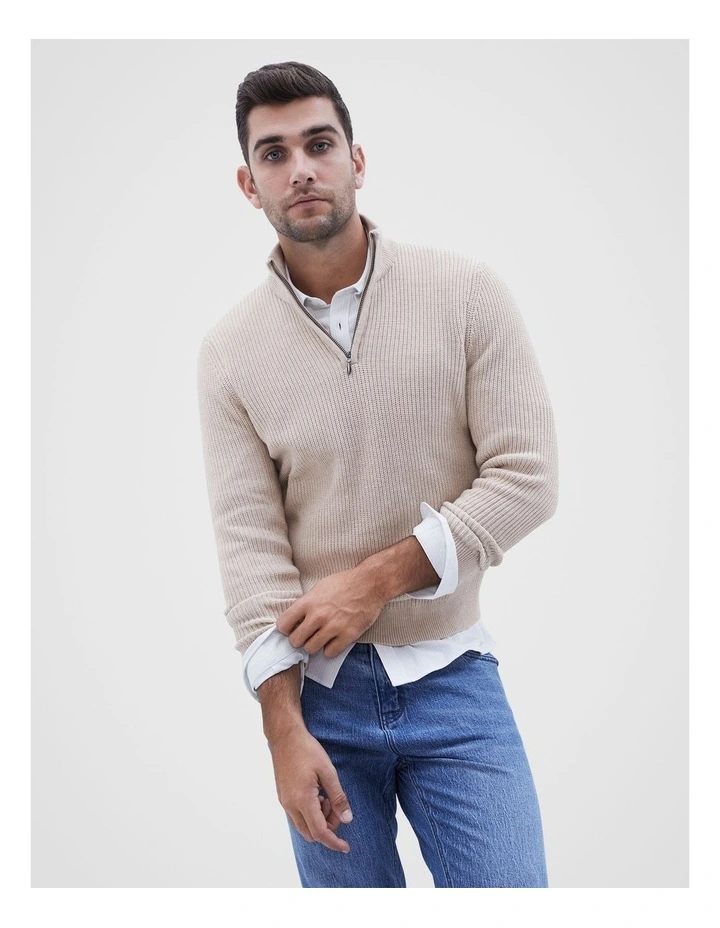 Rib Half Zip Knit in Cream image 1