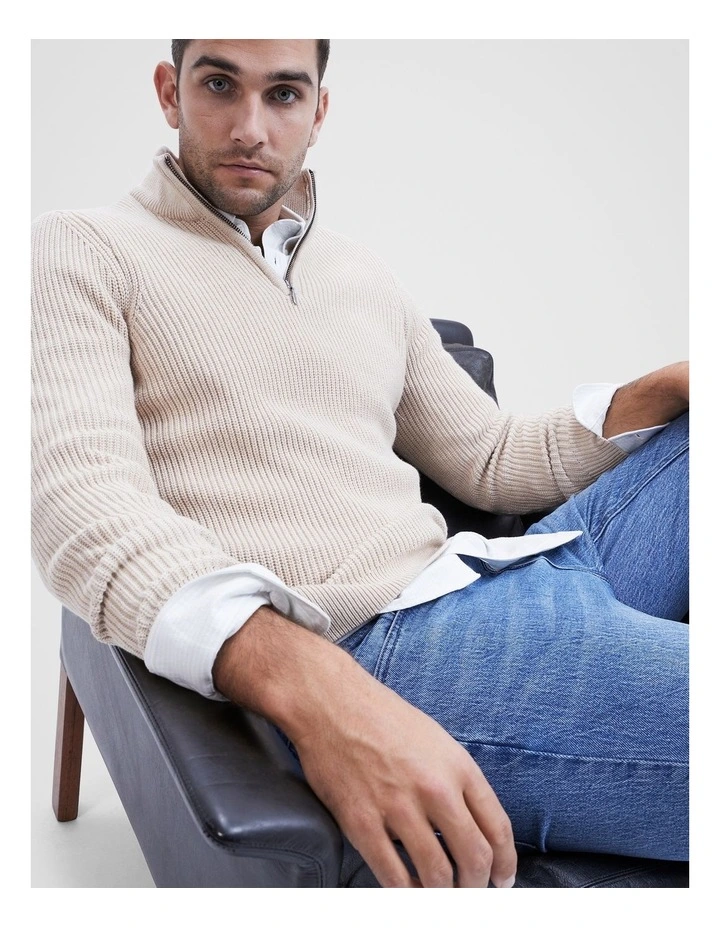 Rib Half Zip Knit in Cream image 4