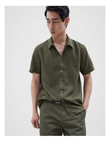Linen Short Sleeves Shirt in Khaki