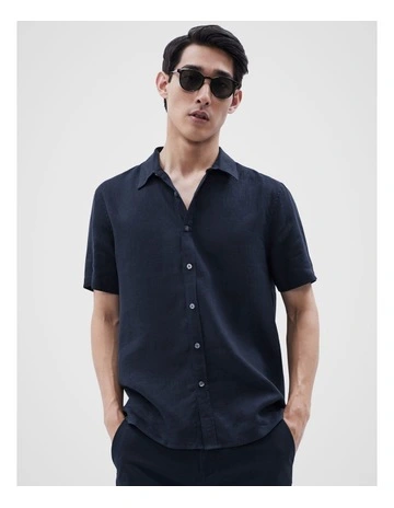 Linen Short Sleeve Regular Fit Shirt in Navy