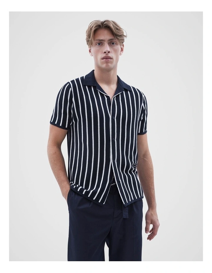 Stripe Button Through Knit Shirt in Navy image 1
