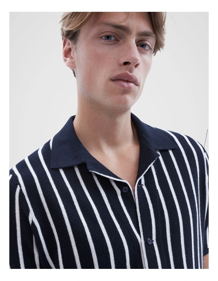 Stripe Button Through Knit Shirt in Navy image 2
