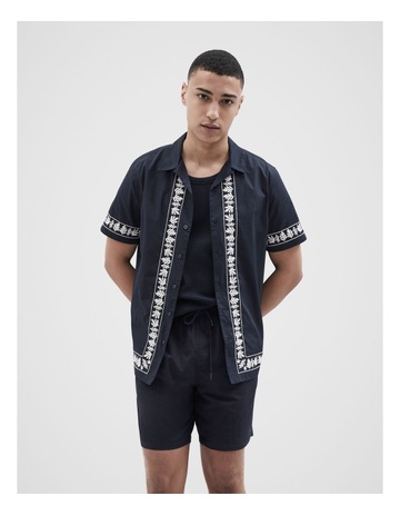 Border Embroidered Short Sleeve Regular Fit Shirt in Navy
