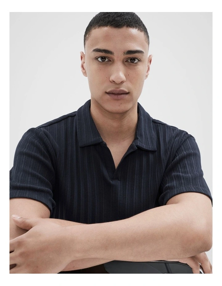 Rib Stitch Polo in Navy image 3