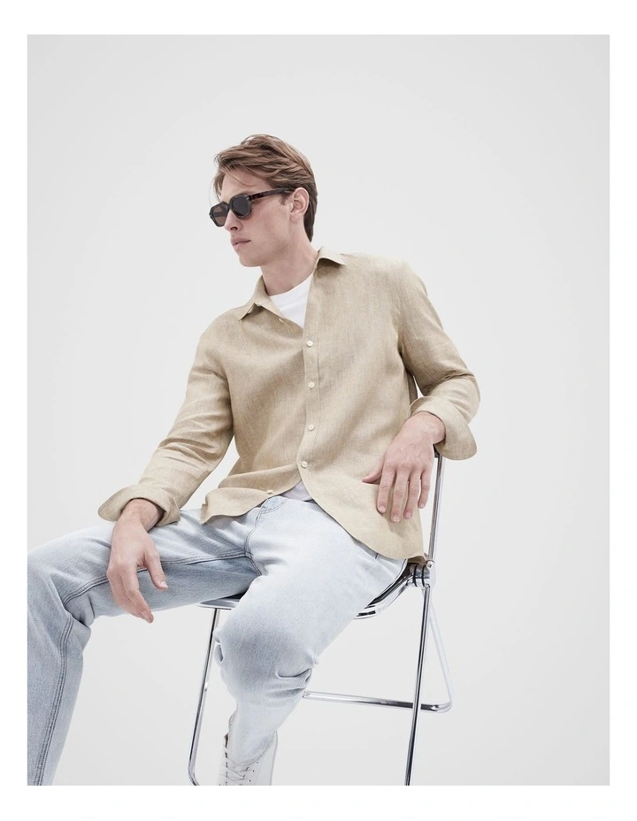 Linen Regular Fit Shirt in Brown image 4